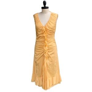 Vintage Prada Ruched Yellow Cotton Ruffle Sleeveless Midi Dress IT 44 US 8